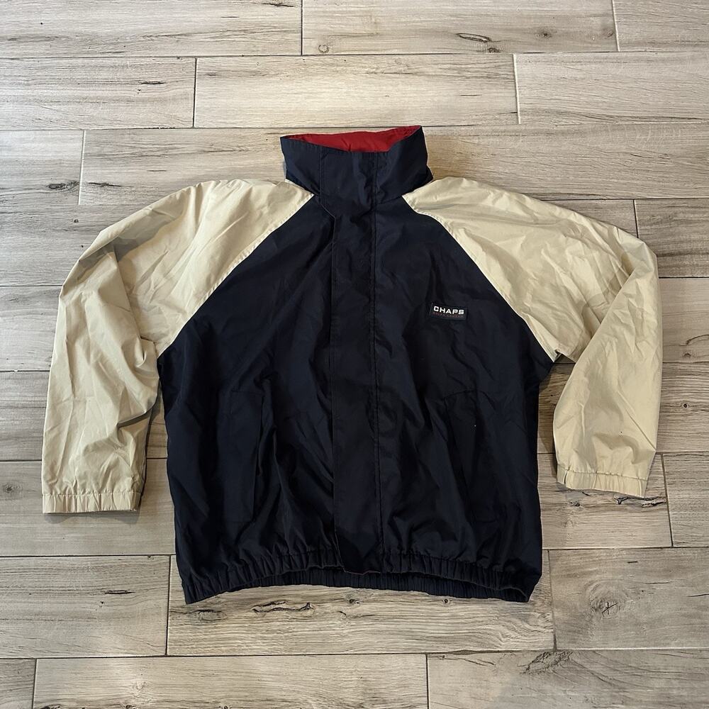 VTG Ralph Lauren Chaps Windbreaker Jacket w/Hoodie Full Zip Navy Tan Mens XXL